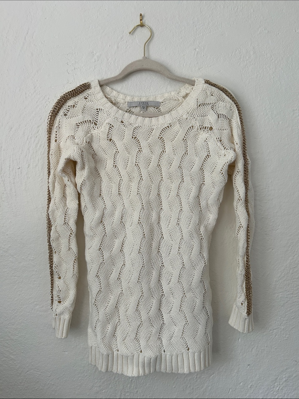 Guess Cream Open-Knit Sweater with Metallic Trim - XS